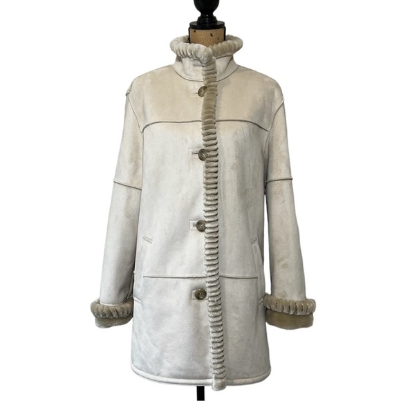 Faux Suede Ranch Sherpa Teddy style coat Faux Fur Lining Size M/L Liz Claiborne - Picture 2 of 15